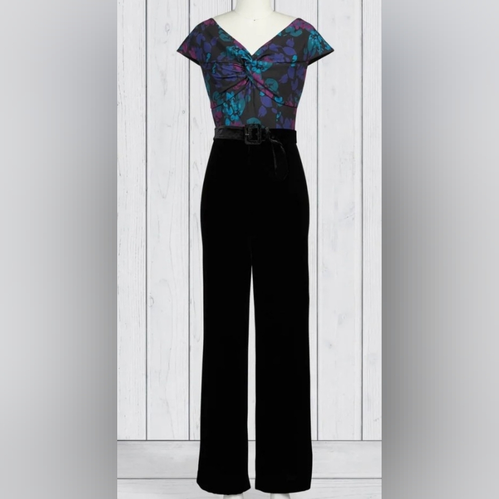 J. Peterman Monte Carlo Jumpsuit Black Velvet Wide Leg Pants Belt Size 6